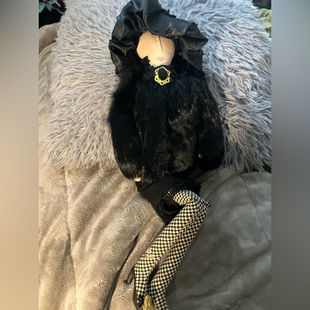 ‘Carmen Manago’ Art Doll In Black Fur Coat, Lace, And Purse Gorgeous Elegant